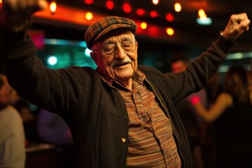 An old man with a hat dancing in a nightclub