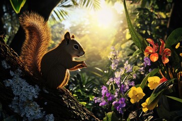 A cute squirrel  in a green park with rays of sunlight shimmering through the trees