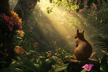 A cute squirrel  in a green park with rays of sunlight shimmering through the trees