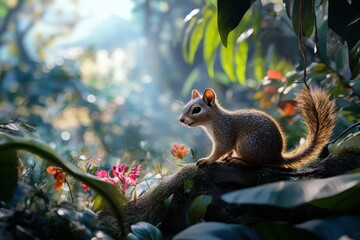 A cute squirrel  in a green park with rays of sunlight shimmering through the trees