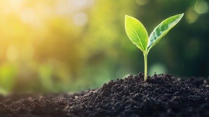 Sustainability - one little green plant growing out of the soil