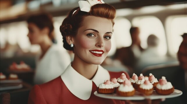A retro-styled waitress in a red uniform and white hat serves cupcakes onboard, smiling brightly. The vintage airplane cabin and other passengers are visible in soft focus.