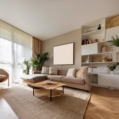 Fototapeta premium Living Room with Blank Walls- A modern living room scene with blank walls or empty spaces on shelves, ideal for showcasing home decor products or adding lifestyle-related text