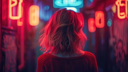 Closeup of a woman from behind in a city street with neon light at night