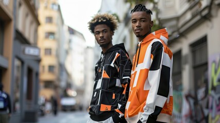2 young guys wearing streetwear in an urban scene