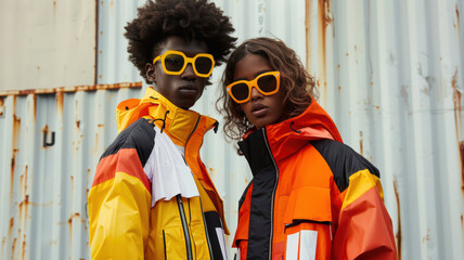 Young couple with sunglasses wearing streetwear in an urban scene