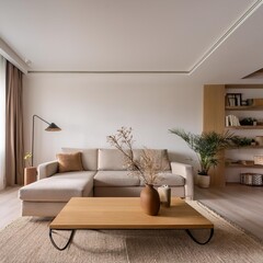 Living Room with Blank Walls- A modern living room scene with blank walls or empty spaces on shelves, ideal for showcasing home decor products or adding lifestyle-related text