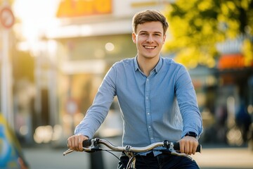 Young man with a blue shirt on a bike in the city