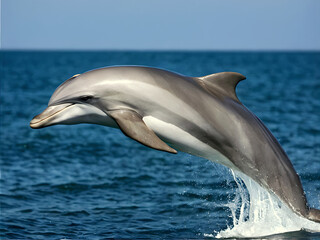 Naklejka premium Cute dolphin jumping in the air out of ocean, marine world, animals and wildlife, nature background