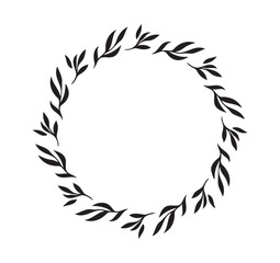 Hand drawn Floral spring wreath isolated white background. Silhouette circle of leaves frame. Doodle style. 