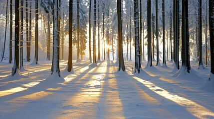 Snow-covered forest with golden sunlight streaming through trees at sunset