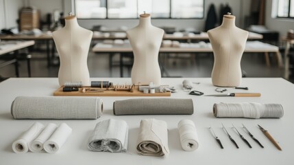 The image shows a fashion studio with fabric rolls, dress forms, sewing tools neatly arranged on a table, and a spacious setting, representing creativity in design and tailoring.