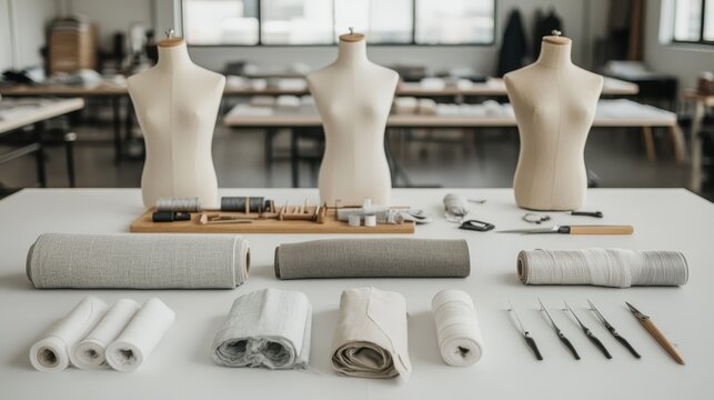 The image shows a fashion studio with fabric rolls, dress forms, sewing tools neatly arranged on a table, and a spacious setting, representing creativity in design and tailoring.