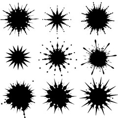 A collection of black ink splashes displayed on a clean white background