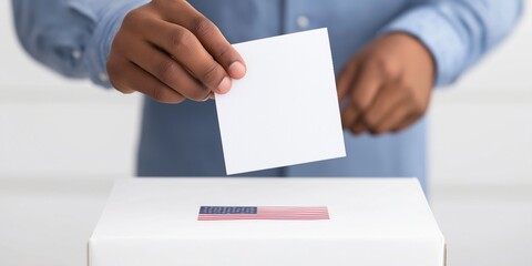 man casting a vote by placing a ballot into a box, emphasizing civic duty and participation in elections. Suitable for voting campaigns, election day, or democratic theme