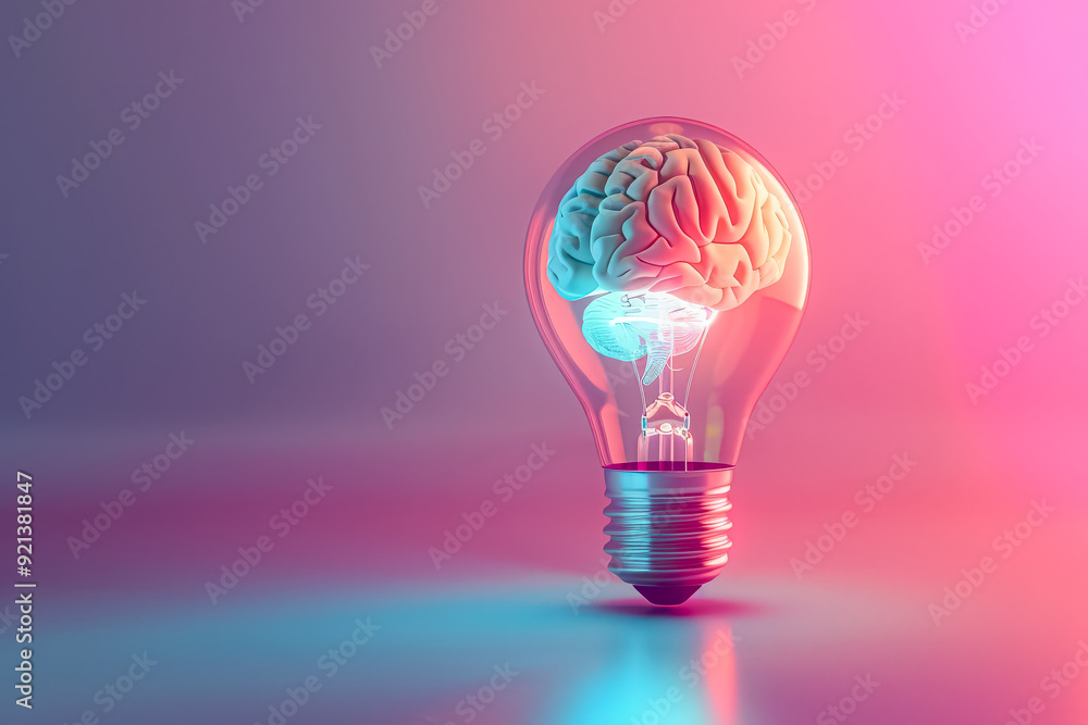 Poster a light bulb with a pink brain inside of it. concept of intelligence and the importance of the brain
