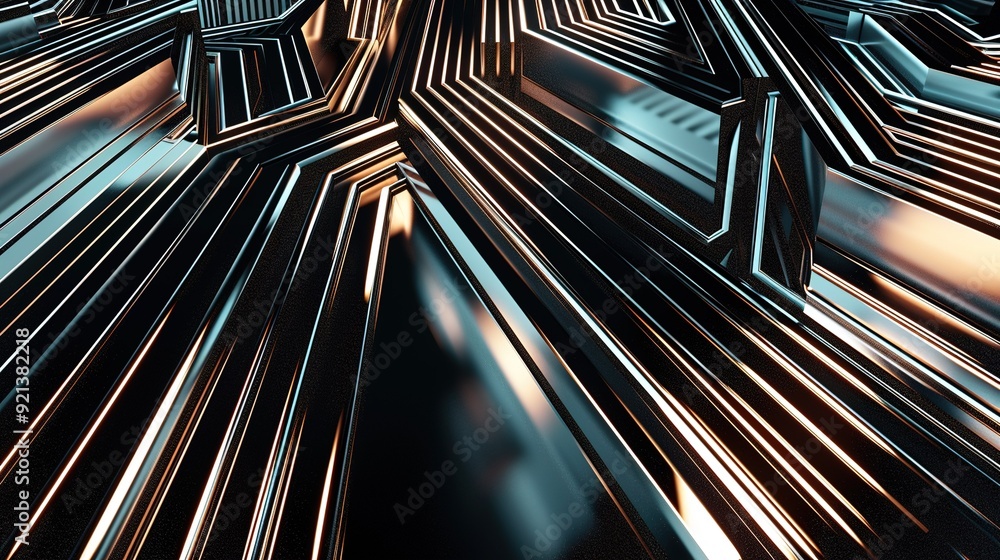 Poster abstract three-dimensional lines create a mesmerizing pattern with reflections in a dark setting