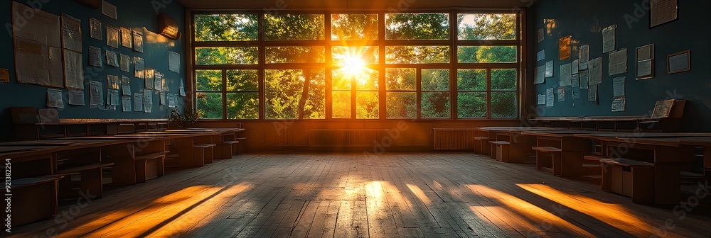 Wall mural a large room with a lot of windows and a sun shining through them. the room is empty and has a lot o