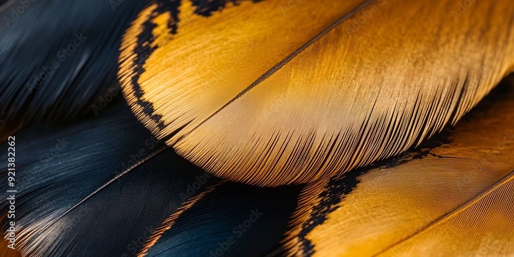 Poster a close up of a feather with a mix of black and yellow colors. the feather appears to be a part of a