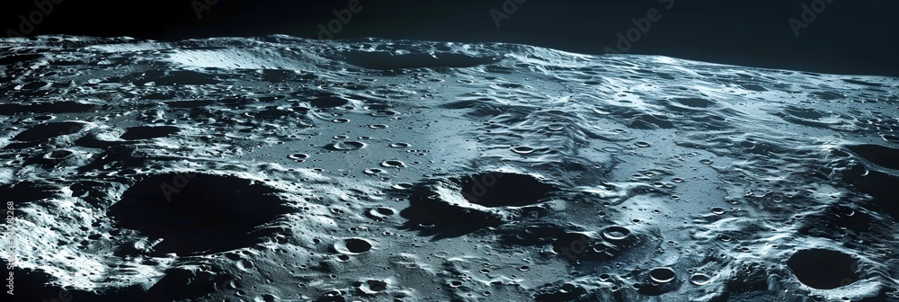 Poster a view of a moon with many craters and a blue sky. the moon appears to be in the middle of a space s