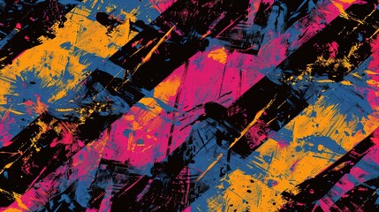 Fototapeta premium Vibrant abstract painting with bold strokes in pink, yellow, and blue colors on a black background