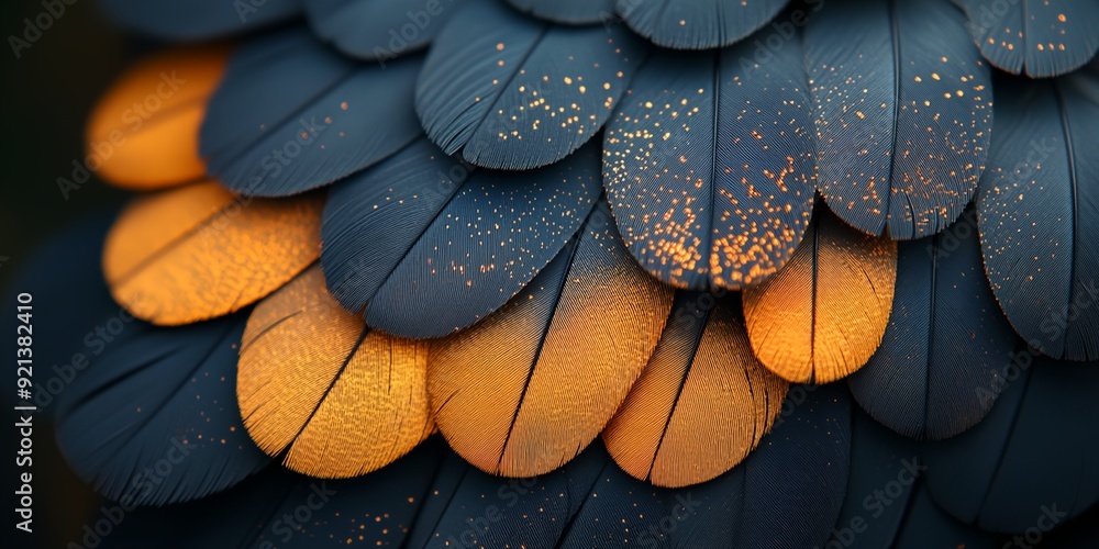 Poster a close up of a bird's feathers, with a mix of blue and orange colors. the feathers are arranged in 