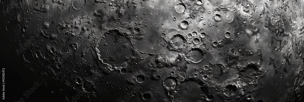 Poster a close up of the moon with many craters. the moon is black and white. the image has a moody and mys