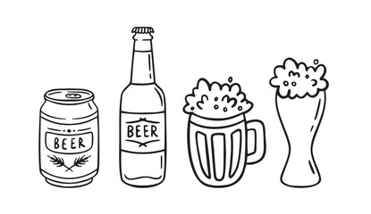 Doodle simple beer mug or cup outline simple style. Hand drawn icon. Bottle of beer, mug of beer