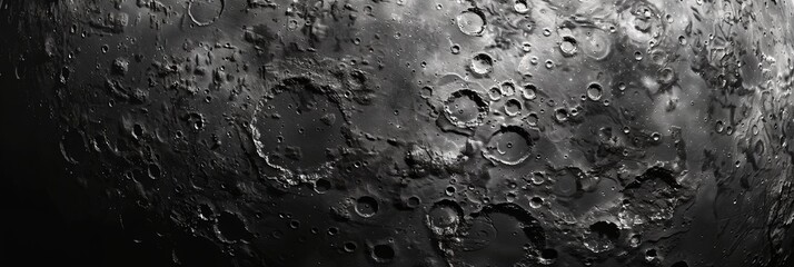 A close up of the moon with many craters. The moon is black and white. The image has a moody and mysterious feel to it