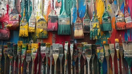 Fototapeta premium Various paintbrushes covered in vibrant paint strokes.