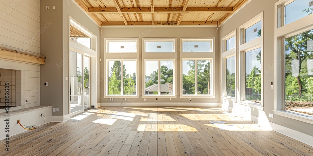 Poster a large open living room with a fireplace and a large window. the room is empty and has a clean, mod