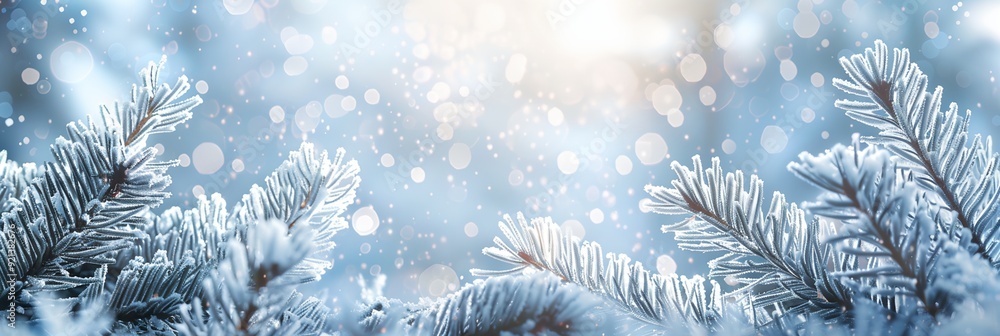 Poster a snowy landscape with a tree in the foreground. the tree is covered in snow and has a frosty appear