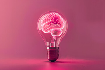 A light bulb with a pink brain inside of it. Concept of intelligence and the importance of the brain in our lives