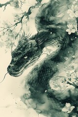A snake with a long body and a head with a menacing look. The snake is surrounded by flowers, giving the image a serene and peaceful atmosphere