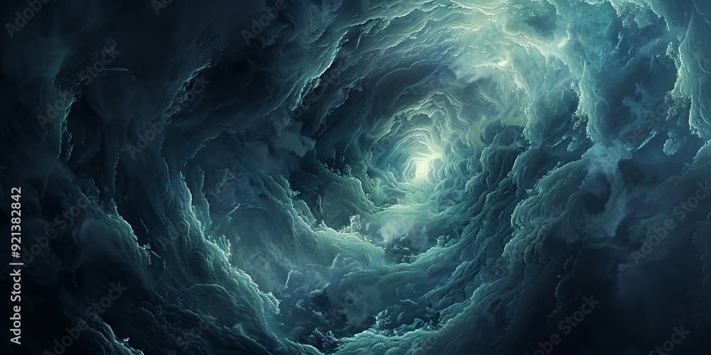 Poster a spiral of blue clouds in the sky. the clouds are swirling and twisting, creating a sense of moveme