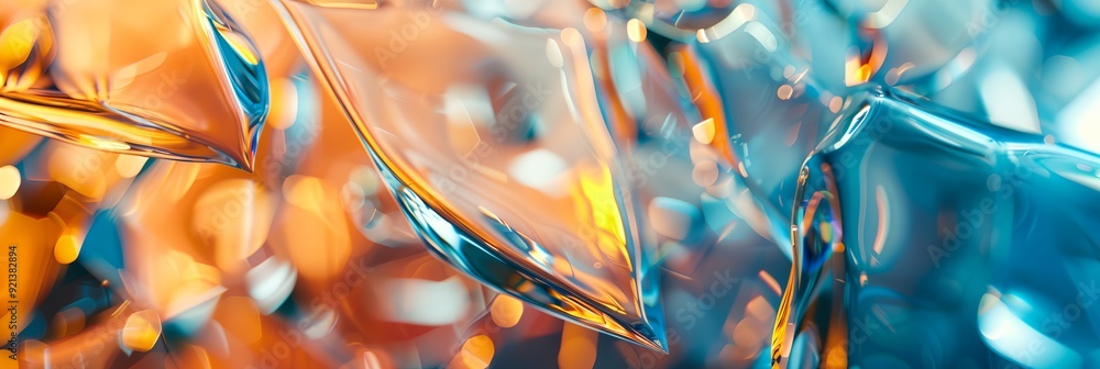 Poster a blurry image of a blue and orange leafy pattern. the image is a close up of a piece of glass with 