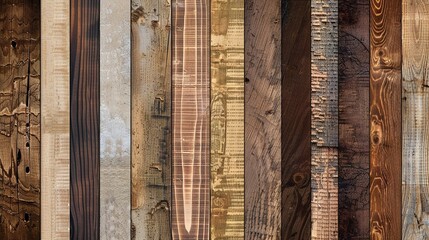 Various types of wood boards arranged vertically showcasing different textures and colors