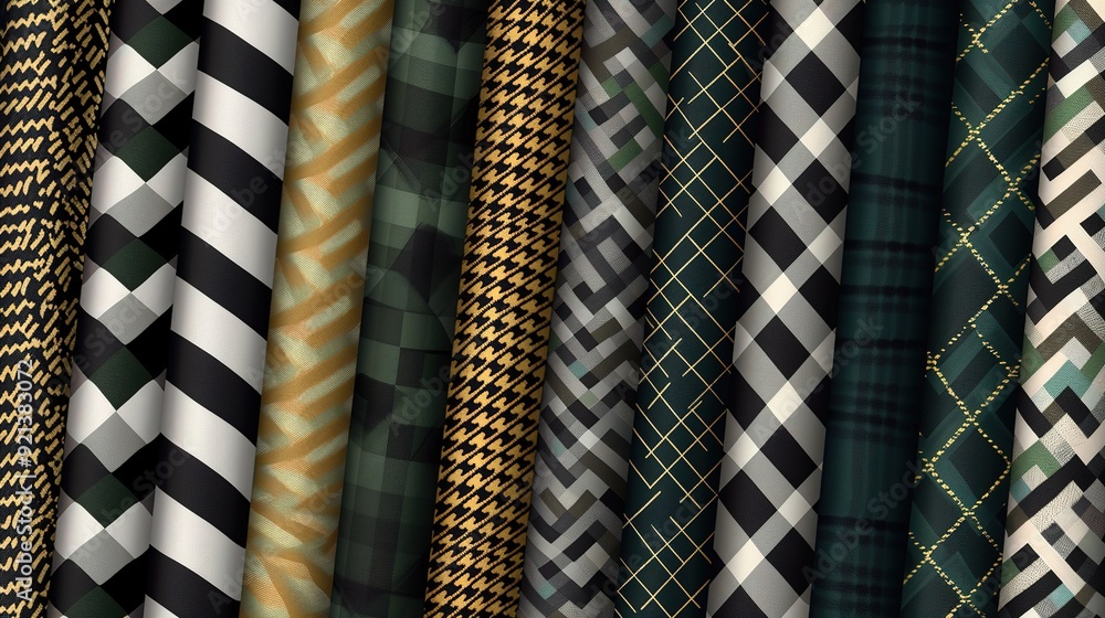 Poster a vibrant display of various patterned fabrics arranged vertically