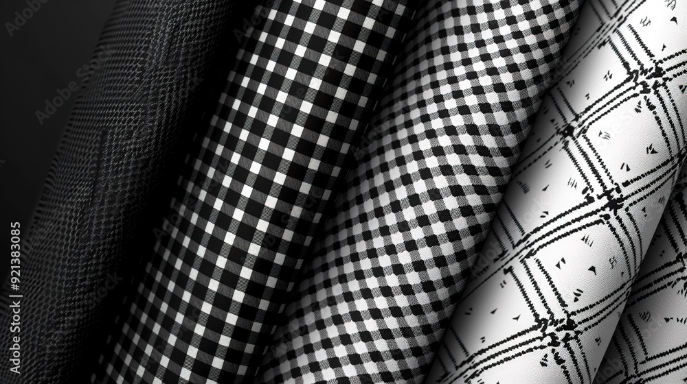 Poster various black and white fabrics arranged vertically showcasing different patterns and textures