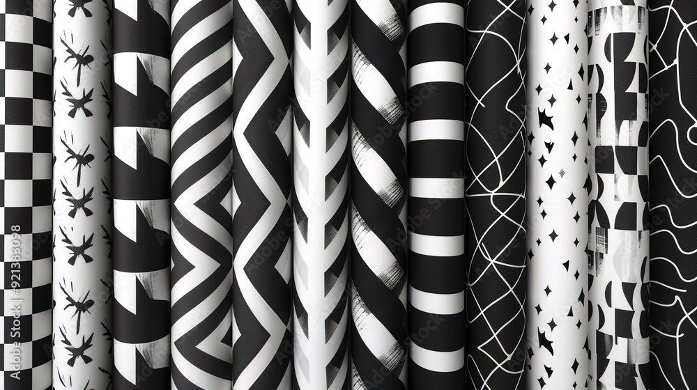 Poster black and white patterned fabric rolls displayed in a fabric shop showcase various intricate designs