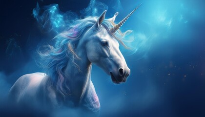 Licorne sur fond bleu merveilleux avec de la fumée