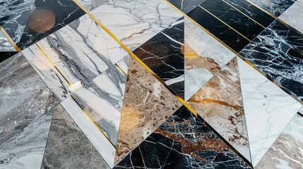 Elegant geometric patterned marble flooring with golden accents in a modern interior