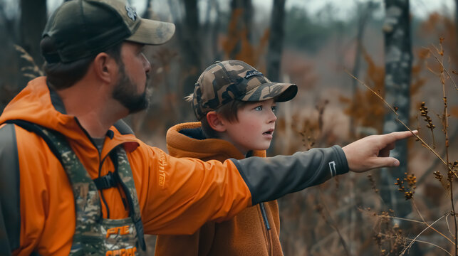 Father pointing and guiding his son on his first deer hunt.