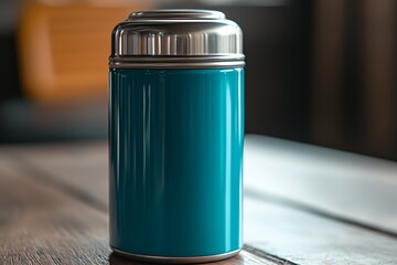 A blue container sits on a wooden table. The container is empty and has a silver lid. The table is made of wood and has a yellow cushion on it