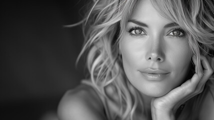 A captivating black-and-white portrait of a woman exuding elegance and confidence. The subtle details and dramatic lighting