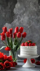 white cake with fresh strawberries. red tulips in vases and scattered on the table. vibrant and elegant. space for text