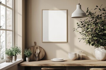 Minimalist Kitchen interior with Poster Mockup created with Generative AI