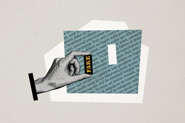 Composite photo collage of hand hold fake news piece magazine element disinformation propaganda...