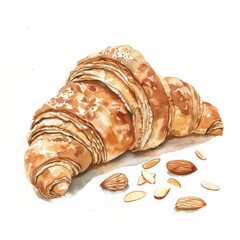 Fototapeta premium Almond croissant, warm watercolor tones, detailed illustration, cottagecore aesthetic, sticker clipart, isolated on white background