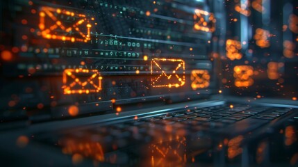 Laptop with digital mail icons, representing email communication and online correspondence.